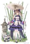  1girl absurdres aqua_eyes bamboo bell black_footwear brown_hair china_dress chinese_clothes double_bun dress hair_ornament highres holding holding_umbrella looking_at_viewer original panda pantyhose piyo_(pixiv_2308057) print_dress standing twintails umbrella white_legwear 