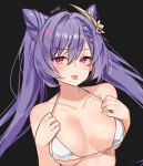  1girl absurdres bangs bare_shoulders bikini blush breasts commentary double_bun english_commentary genshin_impact goyain hair_ornament highres keqing_(genshin_impact) long_hair looking_at_viewer medium_breasts purple_eyes purple_hair swept_bangs swimsuit tongue tongue_out twintails white_bikini 