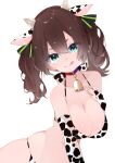 1girl alternate_breast_size alternate_costume animal_ears animal_print aoiro_0w0 bell bikini breasts cleavage collarbone cow_ears cow_girl cow_horns cow_print elbow_gloves gloves hand_on_own_chest head_tilt highres hololive horns large_breasts licking_lips natsuiro_matsuri navel neck_bell print_bikini solo swimsuit tongue tongue_out twintails virtual_youtuber white_background 