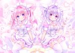  2girls aliasing animal_ears drink food headband long_hair original pink_hair purple_eyes stockings tagme_(artist) twintails 