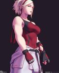  1girl belt black_background black_belt blonde_hair blue_eyes clenched_hands clothes_around_waist covered_abs covered_navel dougi fighting_stance fingerless_gloves furrowed_eyebrows gloves hairband highres karate_gi lidia_sobieska looking_at_viewer medium_hair orihalchon red_hairband red_tank_top short_ponytail sleeveless solo standing tank_top tekken tekken_7 toned 