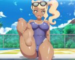 1girl :d alternate_skin_color barefoot blonde_hair blue-senpai blush breasts cloud commentary covered_navel dark_skin dark_skinned_female day eyelashes eyewear_on_head feet large_breasts leg_up long_hair looking_at_viewer one-piece_swimsuit open_mouth outdoors palm_tree pokemon pokemon_(game) pokemon_swsh pool shiny shiny_hair shiny_skin shiny_swimsuit side_ponytail sitting sky smile soles solo sonia_(pokemon) sunglasses swimsuit tiles toes tongue tree water yellow_eyes 