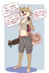  anthro backpack black_nose border breasts brown_body brown_fur canid canine canis cheek_tuft clothed clothing conditional_dnp crop_top domestic_dog elijah-draws eyes_closed facial_tuft female fur head_tuft hi_res holding_object mammal midriff navel open_mouth open_smile shirt skateboard smile solo standing topwear tuft underwear white_border 