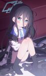  1girl :t arisu_(blue_archive) bangs black_hair black_legwear black_skirt blue_archive blue_eyes blue_neckwear blush closed_mouth collared_shirt commentary_request eyebrows_visible_through_hair full_body hair_between_eyes head_tilt highres jacket knees_up leg_hug long_hair looking_at_viewer necktie no_shoes one_side_up open_clothes open_jacket pleated_skirt pout setmen shirt sitting skirt socks solo very_long_hair white_jacket white_shirt 