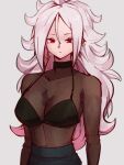  1girl alternate_costume android_21 breasts closed_mouth dragon_ball dragon_ball_fighterz earrings grey_background hair_between_eyes hoop_earrings jewelry kemachiku long_hair majin_android_21 medium_breasts red_eyes simple_background solo white_hair 