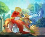  ambiguous_gender articuno avian beak bird city cloud eyes_closed feathers feral flying group hi_res ho-oh legendary_pok&eacute;mon looking_aside lugia moltres nintendo plant pok&eacute;mon pok&eacute;mon_(species) red_eyes traditional_media_(artwork) tree unknown_artist video_games zapdos 