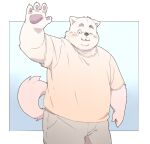  2021 anthro blush bottomwear canid canine canis clothing domestic_dog humanoid_hands inunoshippo kemono male mammal one_eye_closed overweight overweight_male pants shirt solo topwear wink 