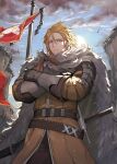  1boy armor banner belt blonde_hair cape cliff cloud cloudy_sky coat crossed_arms english_commentary fur-trimmed_cape fur_trim gauntlets hair_between_eyes highres jun_(seojh1029) looking_at_viewer original outdoors pole sheath sheathed short_hair sky solo sword weapon 