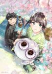  1boy 1girl black_hair blue_eyes cherry_blossoms coffee_cup coffee_wo_shizuka_ni cup disposable_cup eyebrows_visible_through_hair from_above green_eyes hanami japanese_clothes kimono looking_at_viewer miyabi_akino mole mole_under_eye open_mouth original petals short_hair 