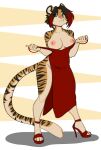  2021 4_toes 5_fingers anthro areola black_stripes breasts clothed clothing digital_media_(artwork) feet felid female fingers fur hi_res kittydee mammal nipples pantherine solo standing striped_body striped_fur stripes tiger toes 