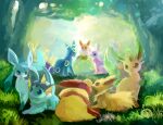  blue_eyes eevee eeveelution espeon feral flareon fluffy fluffy_tail forest fur glaceon grass green_eyes group hi_res jolteon leafeon lying nintendo open_mouth open_smile plant pok&eacute;mon pok&eacute;mon_(species) red_sclera sitting smile snout traditional_media_(artwork) tree umbreon unknown_artist vaporeon video_games 