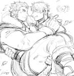  2boys ass bara bell cape carrying claude_(tokyo_houkago_summoners) confetti couple feet_out_of_frame fur-trimmed_cape fur_trim harada_(basashi) husband_and_husband large_pectorals laurel_crown long_sideburns looking_at_another male_focus master_4_(tokyo_houkago_summoners) mature_male multiple_boys muscular muscular_male official_alternate_costume princess_carry santa_costume short_hair sideburns size_difference sketch smile thick_thighs thighs tokyo_houkago_summoners wedding yaoi 