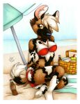  2015 anthro basket beach beach_umbrella beverage bikini breasts canid canine canis clothing domestic_dog female low_res mammal michele_light picnic_basket seaside soda solo swimwear 