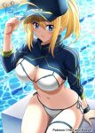  1girl ahoge arm_support artoria_pendragon_(all) bangs baseball_cap bikini blonde_hair blue_eyes blue_headwear blue_jacket blurry blurry_background blush breasts cleavage closed_mouth commentary cowboy_shot cropped_jacket eyebrows_visible_through_hair fate/grand_order fate_(series) hair_between_eyes hair_through_headwear hand_up hat hellandheaven highres holding holding_clothes holding_hat jacket lane_line large_breasts long_hair looking_at_viewer midriff mysterious_heroine_xx_(fate) navel patreon_username ponytail pool pool_ladder shadow shrug_(clothing) side-tie_bikini sidelocks sitting smile solo starting_block swimsuit thigh_strap water white_bikini wristband zipper_pull_tab 