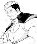  1boy bara black_hair blush cow_horns embarrassed facial_hair flying_sweatdrops gakuran goatee greyscale harada_(basashi) horns jacket jacket_on_shoulders large_pectorals male_cleavage male_focus mature_male monochrome multicolored_hair muscular muscular_male school_uniform short_hair shy sideburns sidepec solo taurus_mask tokyo_houkago_summoners two-tone_hair upper_body wrestling_mask wrestling_outfit 