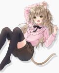  1girl :d animal_ears anz32 arm_up bangs black_bow black_legwear black_shorts blush bow brown_eyes brown_hair cat_ears collared_shirt commentary_request drop_shadow eyebrows_visible_through_hair fang grey_background hair_between_eyes hand_up knees_up long_hair long_sleeves looking_at_viewer lying no_shoes on_back open_mouth original pink_shirt shirt short_shorts shorts smile solo thighhighs twitter_username two_side_up watermark 