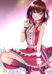  1girl absurdres azki_(hololive) black_hair breasts cleavage dress frilled_dress frills glitter highres hololive looking_at_viewer multicolored_hair pink_dress pink_hair pukara purple_eyes short_hair small_breasts smile solo squatting thighhighs tongue tongue_out 
