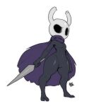  arthropod athletic black_body black_skin cape clothing dark_body dark_skin hi_res hollow_knight horn hotpixa humanoid insect male mask melee_weapon nail protagonist_(hollow_knight) signature simple_background solo sword team_cherry thick_thighs vessel_(species) video_games weapon white_face 