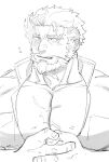  1boy bara beard blush embarrassed eyebrow_cut facial_hair flaming_eye flustered greyscale harada_(basashi) hephaestus_(tokyo_houkago_summoners) index_fingers_together interlocked_fingers large_pectorals looking_at_viewer male_cleavage male_focus mature_male monochrome muscular muscular_male own_hands_together portrait scar scar_on_chest short_hair shy solo thick_eyebrows tokyo_houkago_summoners undercut 