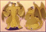  anthro balls big_balls big_penis butt claws cursedmarked dragon foreskin genitals hi_res horn huge_balls huge_penis male muscular muscular_anthro muscular_male nipples pecs penis scales scalie simple_background solo vein veiny_penis wings yellow_body yellow_scales 