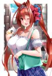  1girl animal_ears bangs bare_shoulders blush breasts brown_hair cleavage collarbone daiwa_scarlet fang hair_intakes highres horse_ears horse_girl horse_tail large_breasts long_hair looking_at_viewer open_mouth red_eyes sezoku smile tail tiara twintails umamusume very_long_hair 