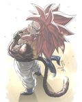  1boy back black_footwear blue_eyes bosstseng crossed_arms dragon_ball dragon_ball_gt from_behind fusion fusion_dance gogeta looking_at_viewer looking_back looking_up metamoran_vest monkey_boy monkey_tail muscular muscular_male open_mouth pants red_fur red_hair smile spiked_hair super_saiyan super_saiyan_4 tail white_pants 