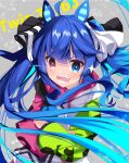 1girl :d animal_ears bangs blue_eyes blue_hair character_name commentary_request crossed_arms eyebrows_visible_through_hair floating_hair grey_background heterochromia highres horse_ears jacket long_hair long_sleeves nanamomo_rio open_mouth puffy_long_sleeves puffy_sleeves red_eyes sharp_teeth smile solo sparkle teeth twin_turbo twintails umamusume upper_body v-shaped_eyebrows very_long_hair white_jacket 