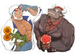  2boys abs aegir_(tokyo_houkago_summoners) anchor_earrings animal_ears aqua_hair bara beard blue_eyes bouquet brown_fur cow_ears cow_horns cropped_torso dark_skin dark_skinned_male earrings eyewear_on_head facial_hair flower formal from_above furry goatee grin gyumao_(tokyo_houkago_summoners) harada_(basashi) holding holding_bouquet horns jewelry large_pectorals looking_at_viewer male_cleavage male_focus mature_male minotaur mohawk multicolored_hair multiple_boys muscular muscular_male necktie_between_pecs open_clothes open_shirt red_flower red_hair short_hair sideburns single_earring smile stomach streaked_hair striped_jacket striped_suit stubble sunflower tokyo_houkago_summoners white_background white_hair 