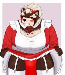  2021 9dtq0 absurd_res anthro asian_clothing blush brown_body brown_fur bulge canid canine clothed clothing crossdressing east_asian_clothing fundoshi fur goemon_(tas) hi_res japanese_clothing kemono maid_uniform male mammal overweight overweight_male raccoon_dog solo tanuki tokyo_afterschool_summoners underwear uniform video_games 