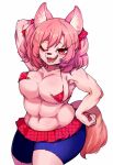  abs anthro bike_shorts bottomwear breasts canid canine canis clothing female fur hair hand_behind_head looking_at_viewer mammal miniskirt muscular muscular_female one_eye_closed open_mouth pink_body pink_fur pink_hair red_eyes sakurai_energy short_hair shorts simple_background skirt smile solo wolf 