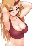  1girl armpits arms_up bangs blonde_hair bottomless breasts cleavage closed_mouth collarbone commentary_request crop_top eyebrows_visible_through_hair from_above hair_flowing_over hands_in_hair highres horns hoshiguma_yuugi large_breasts long_hair looking_at_viewer marsen navel oni_horns parted_bangs red_eyes red_tank_top simple_background single_horn smile solo tank_top touhou upper_body very_long_hair white_background 