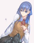  1girl bangs black_skirt blue_eyes blue_ribbon blush breasts brown_vest collared_shirt crossed_legs fate/extra fate/extra_ccc fate/stay_night fate_(series) hair_ribbon hand_on_own_chest highres homurahara_academy_uniform knt02142769 long_hair long_sleeves looking_at_viewer meltryllis_(fate) neck_ribbon prosthesis prosthetic_leg purple_hair red_ribbon ribbon shirt skirt small_breasts very_long_hair vest white_shirt 