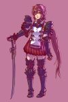  1girl armor blush gloves hair_ribbon highres issycake long_hair looking_at_viewer lora_(xenoblade) parted_lips pauldrons red_hair ribbon short_hair shoulder_armor simple_background skirt smile solo xenoblade_chronicles_(series) xenoblade_chronicles_2 xenoblade_chronicles_2:_torna_-_the_golden_country yellow_eyes 