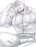  1boy abs bara beard belt bulge dagon_(tokyo_houkago_summoners) facial_hair feet_out_of_frame fish_boy greyscale harada_(basashi) large_pectorals long_sideburns male_cleavage male_focus mature_male monochrome muscular muscular_male partially_unbuttoned sharp_teeth short_hair sideburns sleeves_rolled_up smirk solo stubble teeth tentacles thick_thighs thighs tokyo_houkago_summoners 