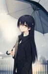  1girl bangs blue_hair coat from_side hand_in_pocket holding holding_umbrella kuma_(bloodycolor) long_hair looking_at_viewer love_live! love_live!_school_idol_project outdoors rain smile solo sonoda_umi standing swept_bangs umbrella yellow_eyes 