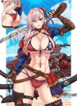  1girl abs american_flag_bikini ass asymmetrical_hair bangs beach bikini blue_eyes blue_sky breasts brown_gloves bun_cover butt_crack cleavage dual_wielding earrings fate/grand_order fate_(series) flag_print from_behind gloves gunblade hair_ornament highres holding jet_ski jewelry katana large_breasts mickey_dunn miyamoto_musashi_(fate) multi-strapped_bikini multiple_views muscular muscular_female navel_piercing piercing pink_hair pink_nails ponytail print_swimsuit sheath sheathed shrug_(clothing) side_bun single_sidelock sky sweat swept_bangs swimsuit sword thighhighs two-tone_swimsuit unsheathed weapon 