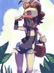  alex_ahad bag baseball_cap blue_eyes brown_hair denim denim_shorts exposed_pocket hat pokemon pokemon_(game) pokemon_bw ponytail shorts solo touko_(pokemon) vest 