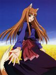  absurdres animal_ears brown_hair dress field highres holo kuroda_kazuya long_hair official_art open_mouth outstretched_hand reaching red_eyes scan smile solo spice_and_wolf tail wolf_ears 