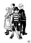  3boys bald baseball_cap blush bonus-kun boots dress glasses greyscale hairband hat highres jeff_andonuts looking_at_viewer monochrome mother_(game) mother_2 multiple_boys ness paula_(mother_2) pocket poo_(mother_2) shirt short_hair standing striped striped_shirt 