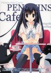  bird blue_eyes blue_hair blush cafe chair copyright_request cup hair_ornament hairclip hands_clasped highres kneehighs long_hair mitsumi_misato own_hands_together penguin plaid scan school_uniform sitting skirt smile socks solo table teacup 