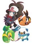  baseball_cap blue_eyes d_(pixiv544157) denim denim_shorts gen_5_pokemon hat oshawott pokemon pokemon_(creature) pokemon_(game) pokemon_bw ponytail shorts snivy tepig touko_(pokemon) zorua 