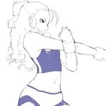  antenna_hair artist_request bike_shorts bow drill_hair fingerless_gloves flat_chest forehead gloves hair_bow hair_slicked_back kanzuki_karin long_hair midriff monochrome navel ringlets solo sports_bra street_fighter street_fighter_zero_(series) stretch 