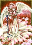  absurdres angel angel_wings bare_shoulders dress flower hair_flower hair_ornament hair_up highres long_hair marker_(medium) original peony_(flower) petals red_hair ribbon scan shiitake_(gensoudou) solo traditional_media white_dress wings 