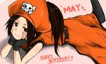  belt birthday blush brown_eyes brown_hair fingerless_gloves gloves guilty_gear hat heart long_hair may_(guilty_gear) orange_hat orange_shirt pantyhose pirate pirate_hat sakushin shirt skull_and_crossbones smile solo 