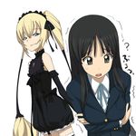  ? a1 akiyama_mio black_eyes black_hair blonde_hair blue_eyes crossover detached_sleeves ekaterina_kurae hikasa_youko k-on! multiple_girls rape_face seikon_no_qwaser seiyuu_connection thighhighs trembling twintails you_gonna_get_raped 