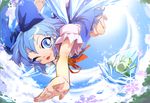  ;p barefoot blue_eyes blue_hair bow cirno foreshortening frog frozen frozen_frog hair_bow hands ice im_(badmasa) large_bow looking_at_viewer one_eye_closed outstretched_arm outstretched_hand short_hair snowflakes solo tongue tongue_out touhou 