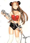  absurdres breasts brown_hair choker feet_out_of_frame heart highres long_hair microphone microphone_stand midriff murata_renji one_eye_closed scan small_breasts solo thighhighs 