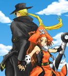  1girl ahomira anchor back-to-back belt blonde_hair brown_eyes brown_hair cloud day fingerless_gloves gloves guilty_gear hat holding_hands johnny_sfondi long_hair may_(guilty_gear) orange_hat orange_shirt pirate pirate_hat shirt skull_and_crossbones sunglasses 