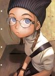  absurdres blue_eyes braid brown_hair expressionless foreshortening form_code glasses hat highres murata_renji round_eyewear scan short_sleeves sitting skirt solo turtleneck twin_braids 