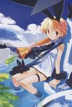  absurdres animal_ears blonde_hair bunny bunny_ears cloud day dress flat_chest girl's_avenue harada_takehito highres leaf megami non-web_source open_mouth orange_eyes outdoors short_dress short_hair sitting sky soaking_feet socks solo thigh_strap umbrella water wrist_cuffs 